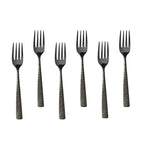 Isolated image of six identical dinner forks with black heads and patterned handles on a white background.
